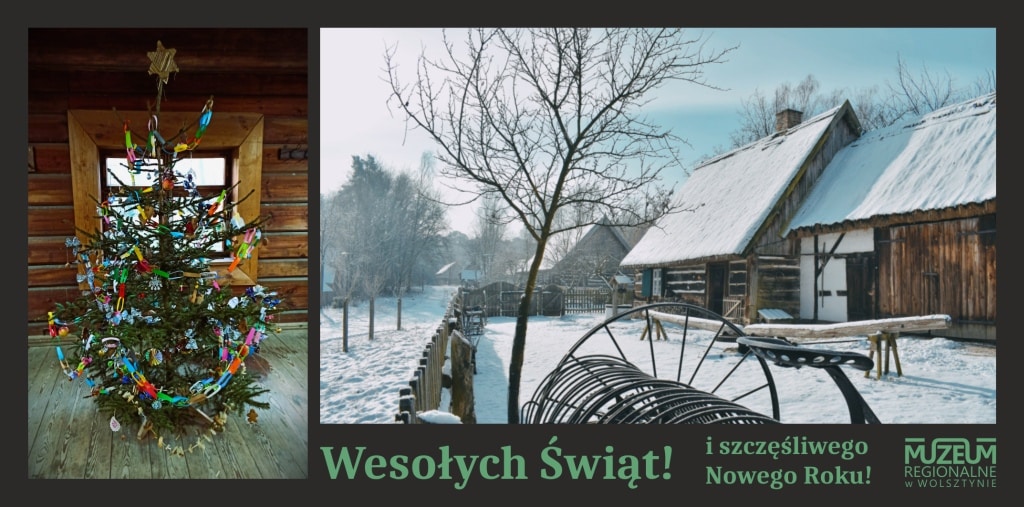 Na lewym obrazku choinka bożonarodzeniowe, na prawym obrazku drewniane domy przykryte śniegiem. 