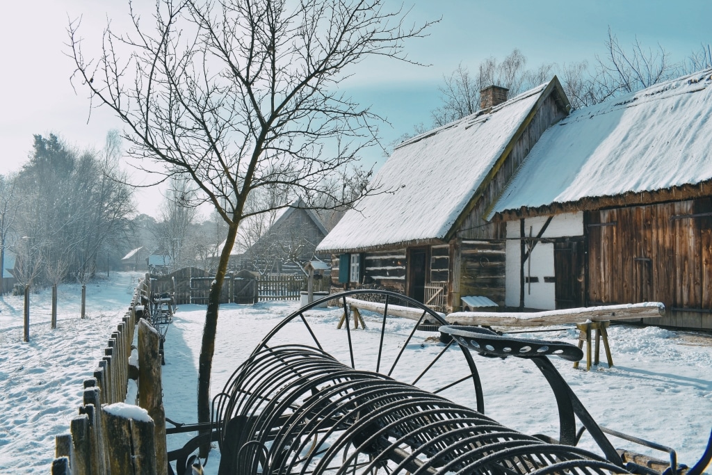 drewniane budynki pokryte śniegiem
