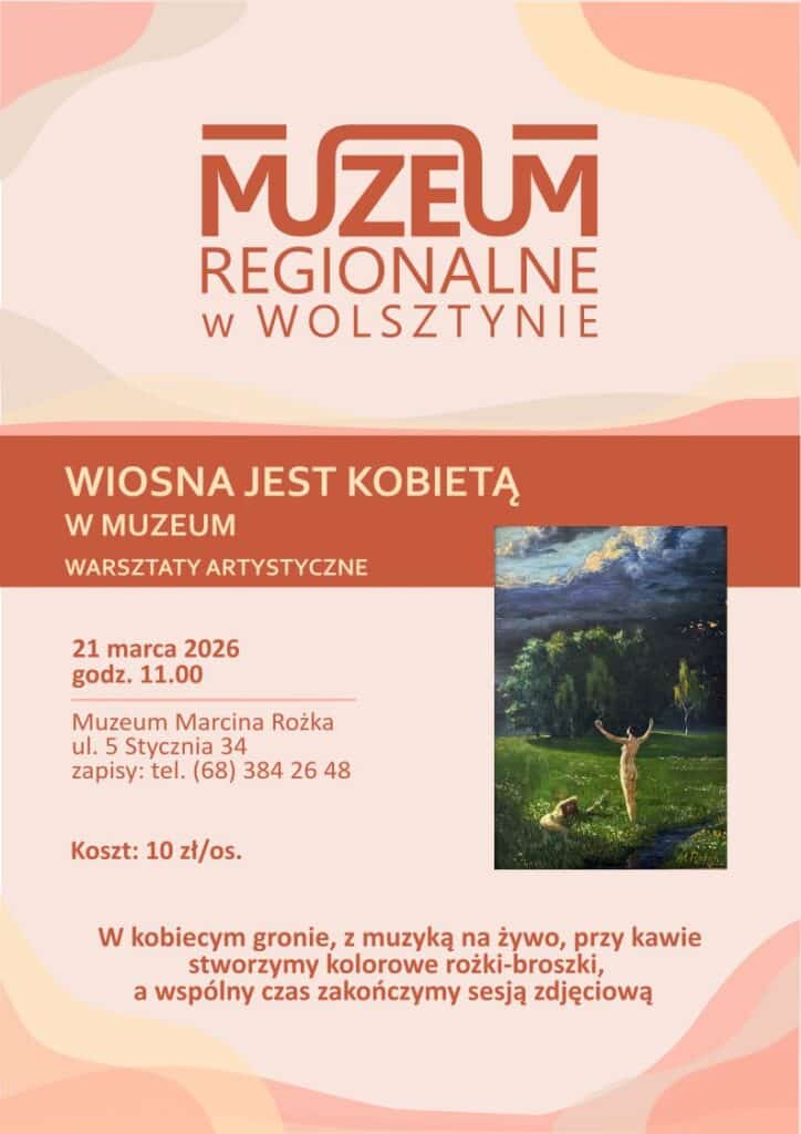 Plakat informacyjny. Na różowym tle informacje o wydarzeniu oraz reprodukcja obrazu Marcina Rożka przedstawiającego dwie kobiety na łące.