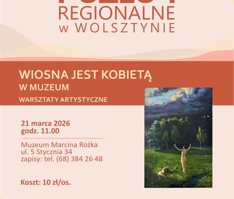 Plakat informacyjny. Na różowym tle informacje o wydarzeniu oraz reprodukcja obrazu Marcina Rożka przedstawiającego dwie kobiety na łące.